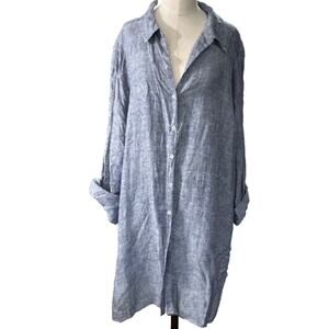 Sigrid Olsen Linen Women Top Long Blouse Tunic Medium Blue Button PLUS SIZE 3X